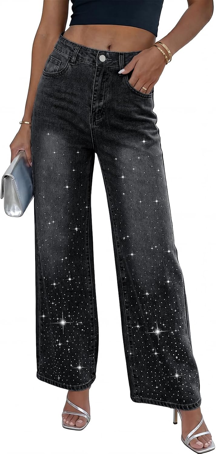 ZPIUO rhinestone wide-leg jeans in black