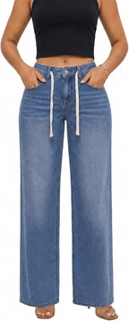 ZPIUO blue drawstring wide-leg jeans, front view