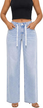 ZPIUO light-blue drawstring wide-leg jeans, front view