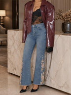 Indoor outfit with ZPIUO vintage-blue floral embroidered flare jeans