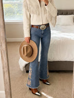 Western-inspired outfit with ZPIUO vintage-blue floral embroidered flare jeans