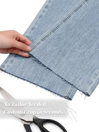 Close-up of the raw hem on ZPIUO light-blue cropped jeans beside scissors