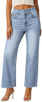 Full-length front view of ZPIUO light-blue cropped straight-leg jeans