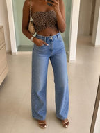 Mirror outfit view of ZPIUO classic-blue rhinestone wide-leg jeans